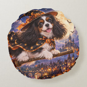 Cojín Redondo Cavalier King Charles Spaniel Halloween Bruja Perr