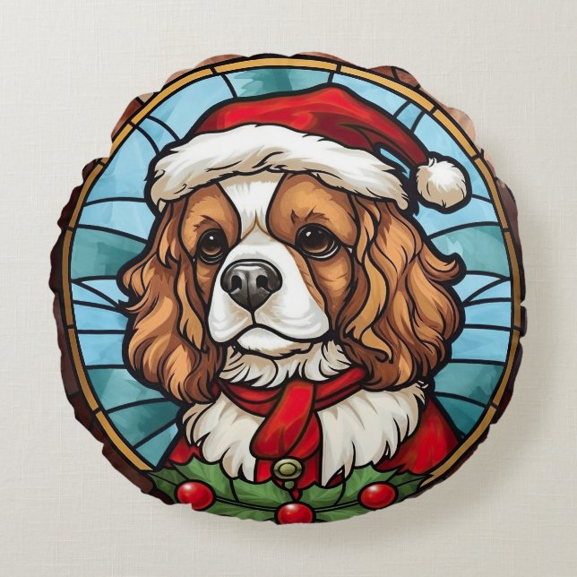 Cojín Redondo Cavalier King Charles Spaniel Vidrio Navidad (Anverso)
