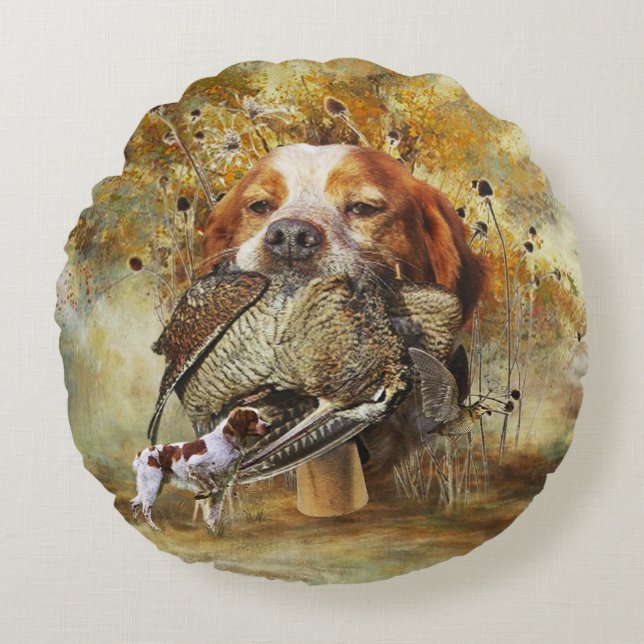 Cojín Redondo Caza de chocha con Brittany Spaniel (Anverso)