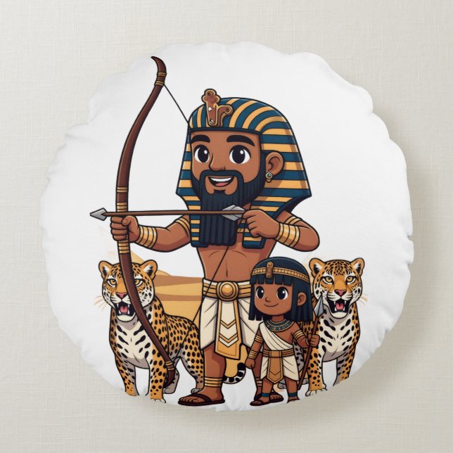 Cojín Redondo Caza del Antiguo Egipto con leopardos (Anverso)