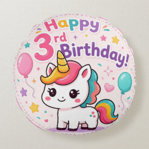 Cojín Redondo Celebración del 3er Cumpleaños del Unicornio Mágic