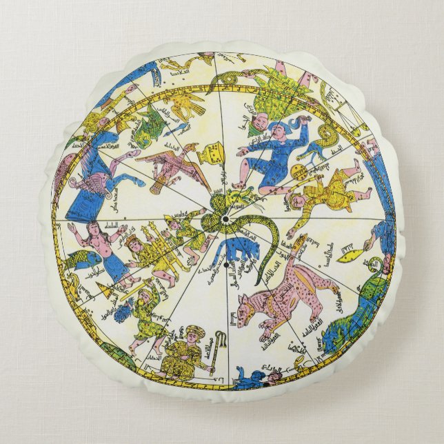 Cojín Redondo Celeste Antiguo, Esfera Árabe, Constelaciones (Anverso)