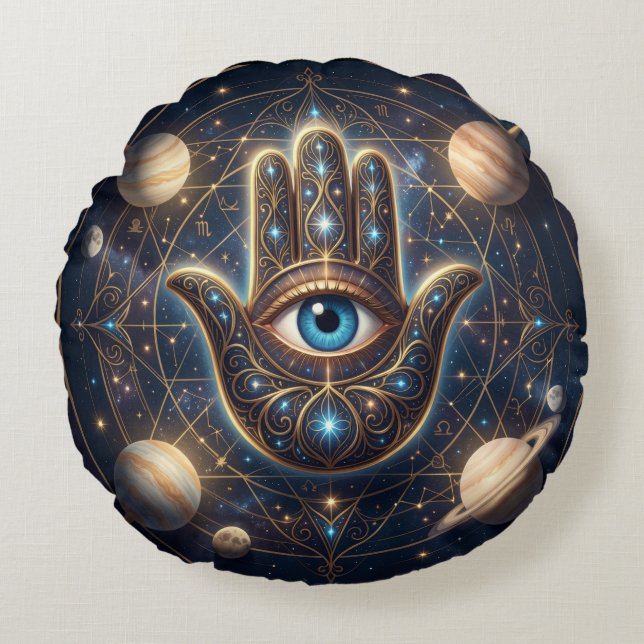 Cojín Redondo Celestial Hamsa Hand & Evil Eye Cosmic Protection  (Anverso)