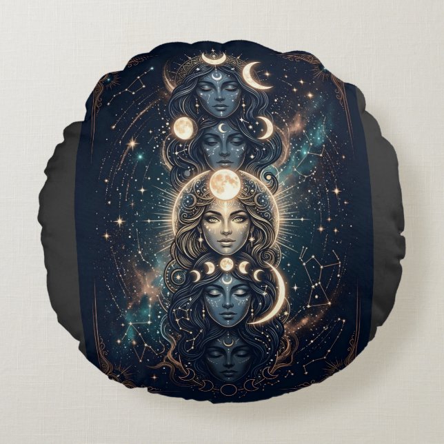 Cojín Redondo Celestial Moon Goddess Mystical  (Anverso)