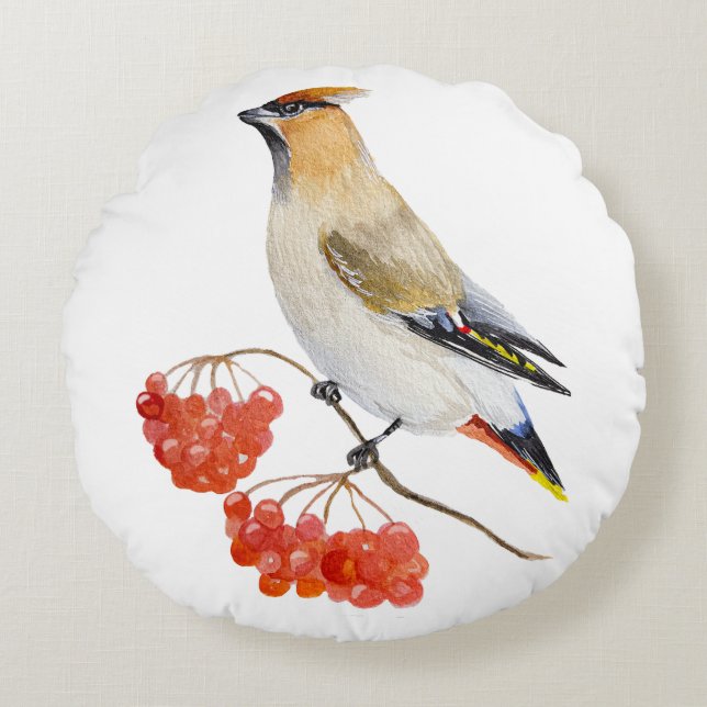 Cojín Redondo Cepillo de aves de la selva acuarela (Anverso)