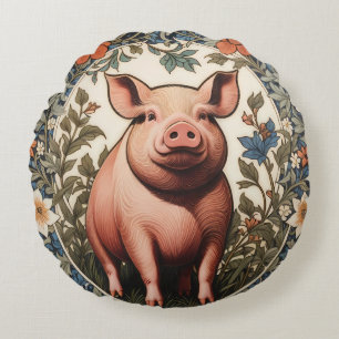 Cojín Redondo Cerdito Adorable Inspirado en William Morris