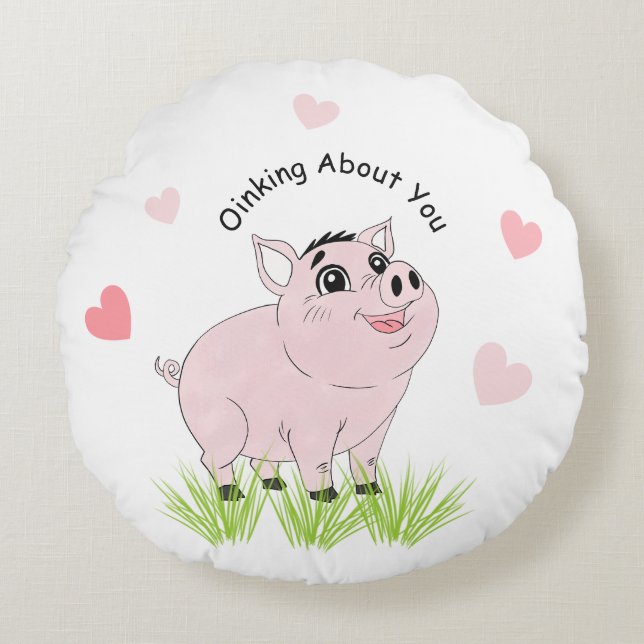 Cojín Redondo Cerdito rosa lindo para San Valentín (Anverso)