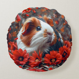 Cojín Redondo Cerdo guineano entre flores rojas