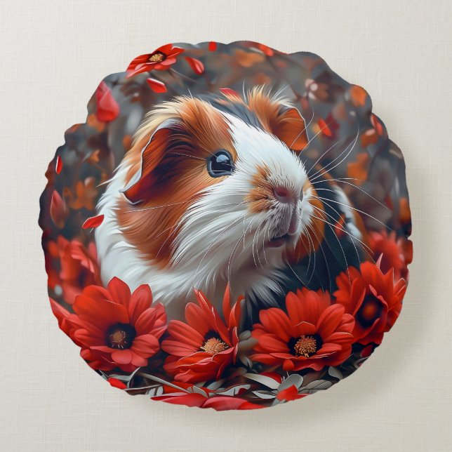 Cojín Redondo Cerdo guineano entre flores rojas (Anverso)