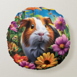 Cojín Redondo Cerdo guineano entre flores vibrantes