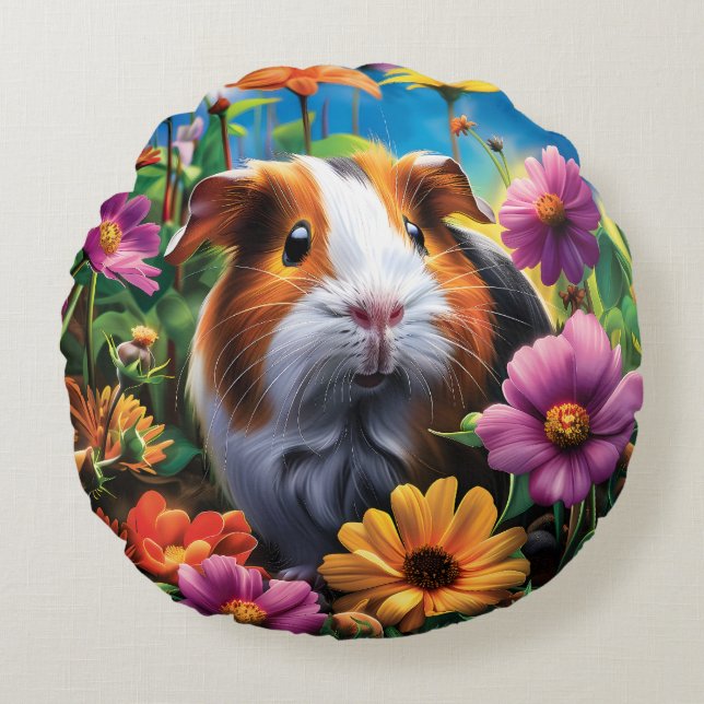 Cojín Redondo Cerdo guineano entre flores vibrantes (Anverso)