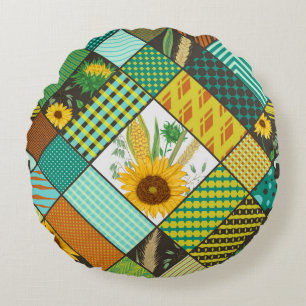 Cojín Redondo Cereales de patchwork, girasoles, motivos geométri