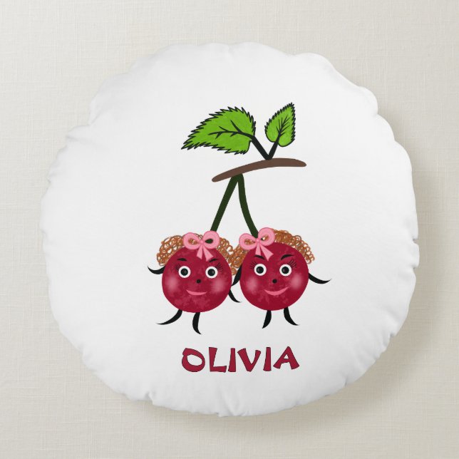 Cojín Redondo Cereza de chicas gemelos (Anverso)