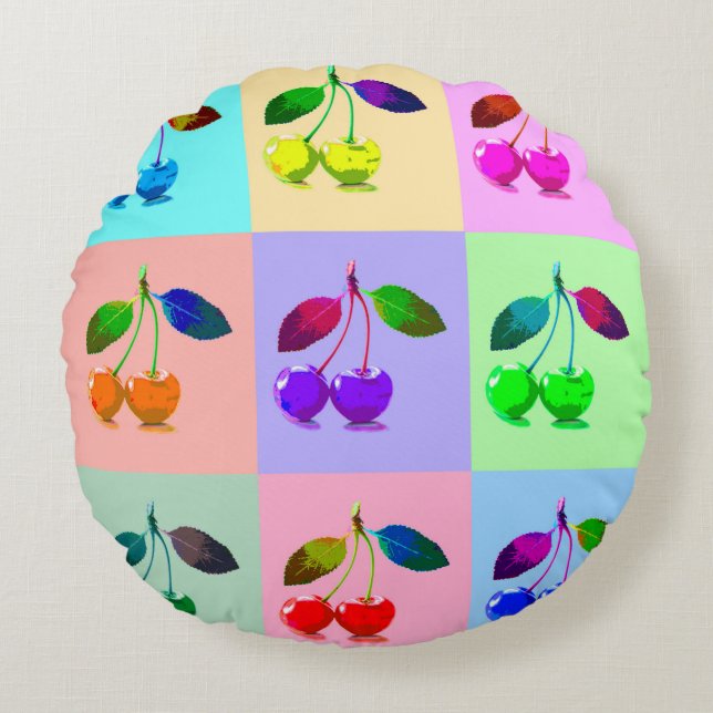 Cojín Redondo Cerezas en el estilo de arte pop (Anverso)