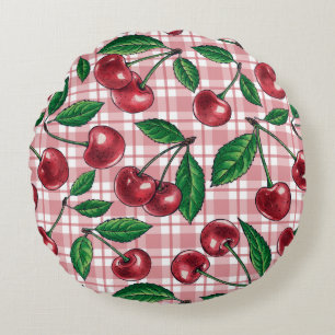 Cojín Redondo Cerezas rojas en gingham rosa