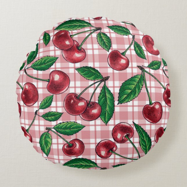 Cojín Redondo Cerezas rojas en gingham rosa (Anverso)