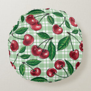 Cojín Redondo Cerezas rojas en gingham verde claro