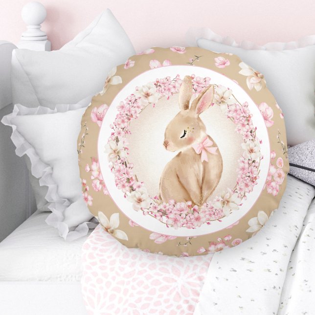 Cojín Redondo Cerezo Blossom Conejito Conejito Rosa Nursera Beig (Cherry Blossom Cute Bunny Pink Beige Nursery Round Pillow)