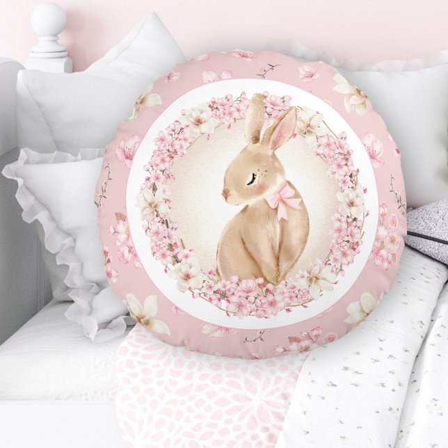 Cojín Redondo Cerezo Blossom Cura Bunny Nursera Rosa (Cherry Blossom Cute Bunny Pink Nursery Round Pillow)