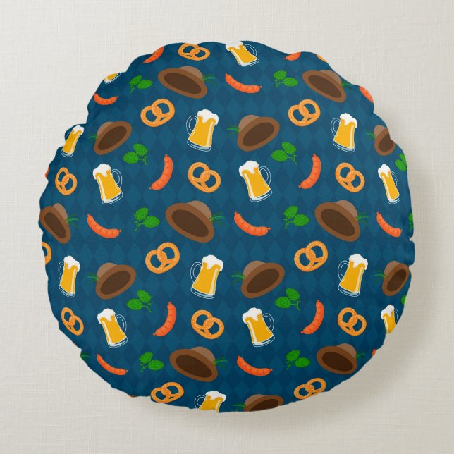 Cojín Redondo Cerveza Oktoberfest, patrón Pretzel y salchicha (Anverso)