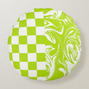 Cojín Redondo Cheques y muelles en verde limón y blanco
