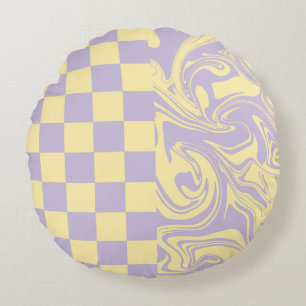 Cojín Redondo Cheques y Swirls - Amarillo Pastel y Púrpura