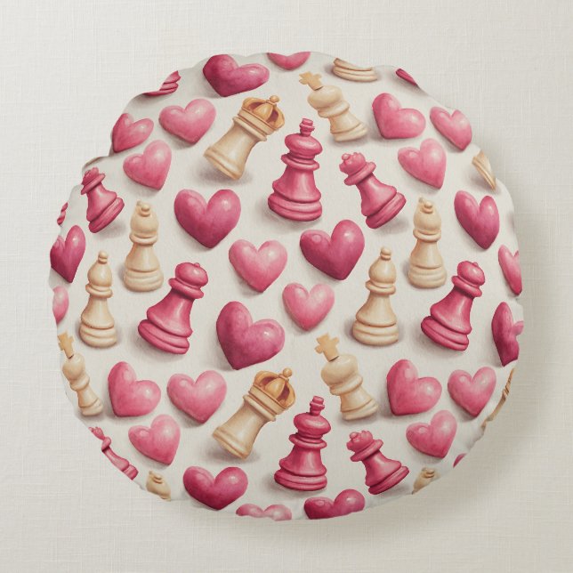 Cojín Redondo Chess & Hearts Valentines Pattern (Anverso)