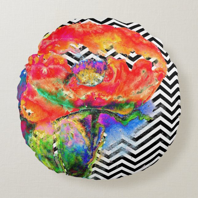 Cojín Redondo Chevron blanco y negro de la amapola roja (Anverso)