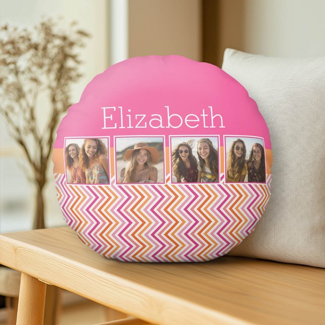 Cojín Redondo Chevrons, Naranja rosado caliente, Collage de foto (Custom Pillow)