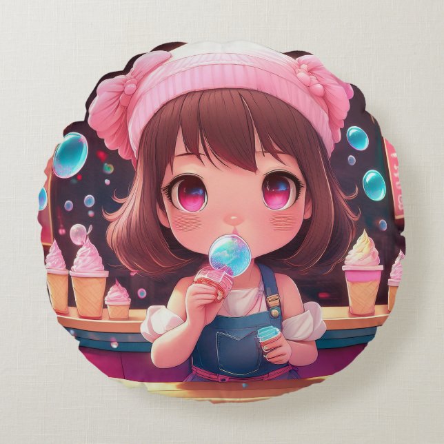 Cojín Redondo Chibi art Chibi personaje helado (Anverso)