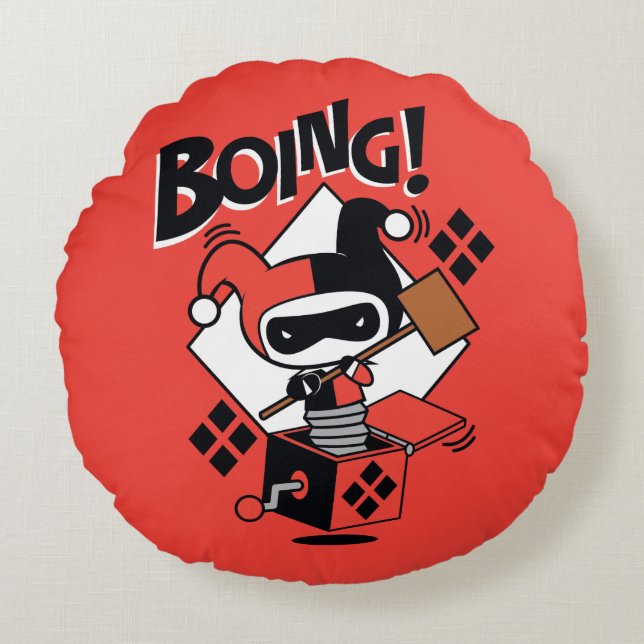 Cojín Redondo Chibi Harley-Quinn-In-A-Box Con Martillo (Anverso)