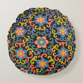 Cojín Redondo Chic Black Pattern with Colorful Floral 