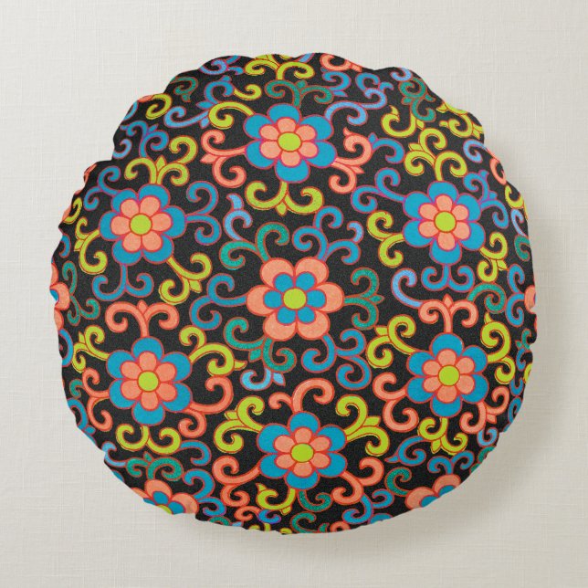 Cojín Redondo Chic Black Pattern with Colorful Floral  (Anverso)