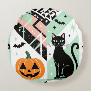 Cojín Redondo Chic Geometric Pastel Black Cat Pumpkin Halloween