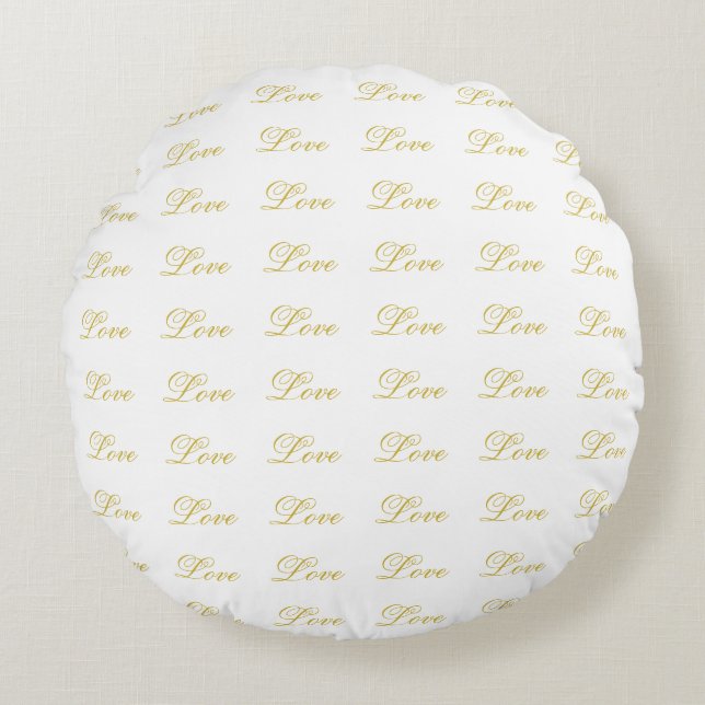 Cojín Redondo Chic Gold Script Amor Blanco Caligrafía Nupcial (Anverso)