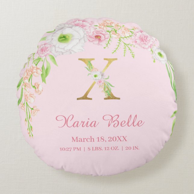 Cojín Redondo Chic Pink Gold Monogram "X" Baby Girl Stats (Anverso)
