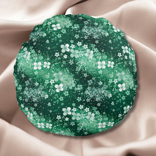 Cojín Redondo Chic Treboles Blancos y Verdes sobre Verde Oscuro