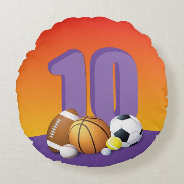 Cojín Redondo Chica 10.ª Bolas Deportivas de Cumpleaños (Anverso)