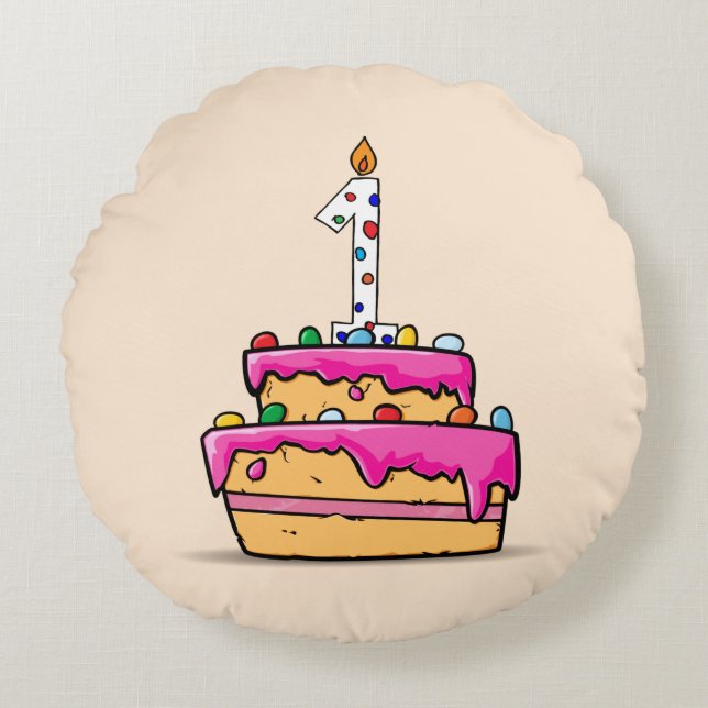Cojín Redondo Chica 1 cumpleaños, 1 en pastelito rosa dulce (Anverso)