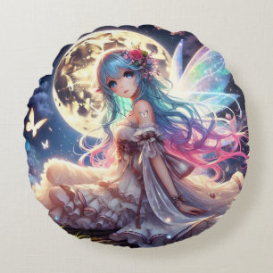 Cojín Redondo Chica Anime Princesa Hada de la Luna en Jardín