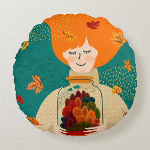 Cojín Redondo Chica con árbol de otoño en Jar
