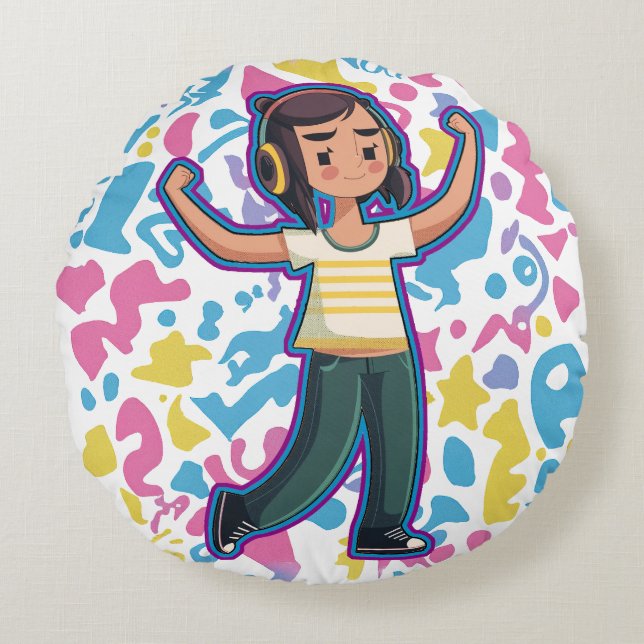 Cojín Redondo Chica con audífonos con flexión y relajación (Anverso)
