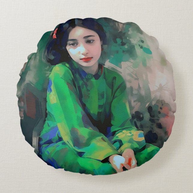 Cojín Redondo Chica con vestido verde (Anverso)