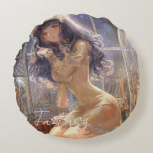 Cojín Redondo Chica de Fantasía Misteriosa - Estética del Arte G
