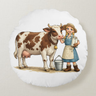 Cojín Redondo Chica de granja con vaca, lindo arte de campo lech