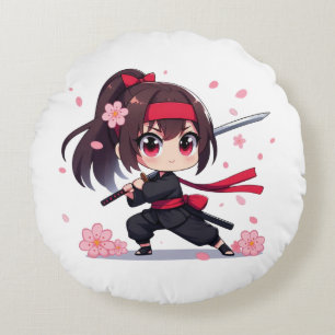 Cojín Redondo Chica de la floración guerrera de ninja
