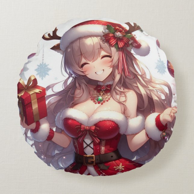 Cojín Redondo Chica de Navidades de anime (Anverso)