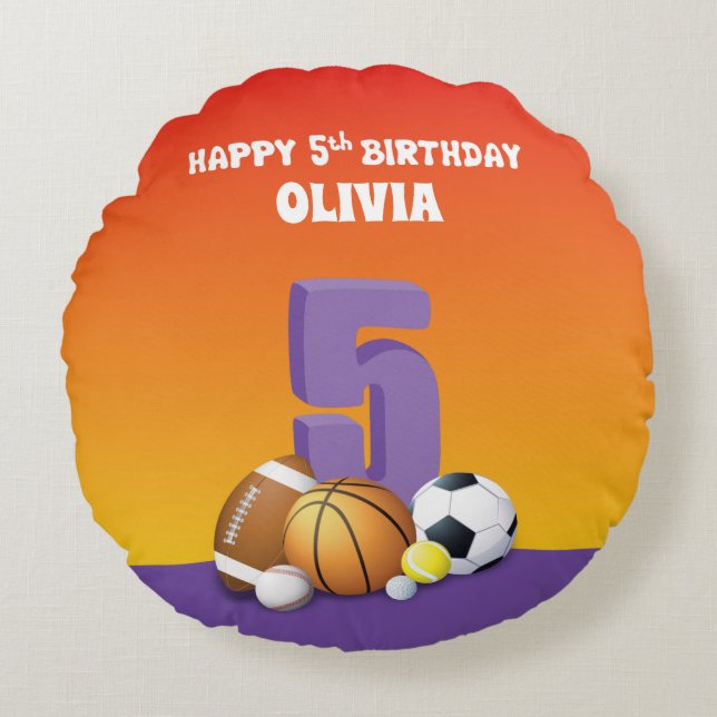 Cojín Redondo Chica de nombre personalizado 5º Bolas deportivas  (Anverso)