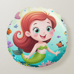 Cojín Redondo chica de sirena personalizado en el mar con pescad
