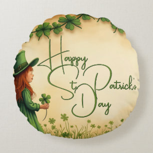 Cojín Redondo Chica del Día de San Patricio con Shamrock
